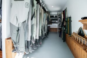Fly fishing gear room at Healing Waters Lodge